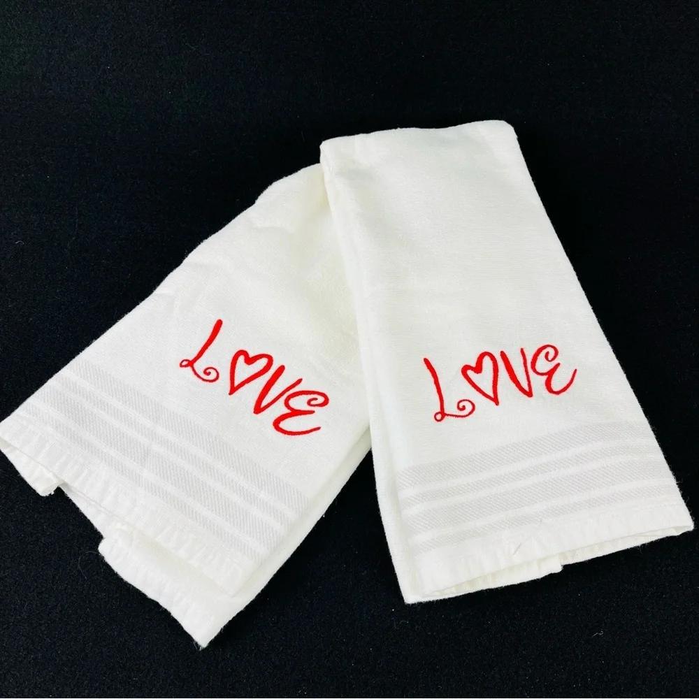 NWOT Truly Love Kitchen Hand Towels Embroidered White Red Gray Valentine’s Day